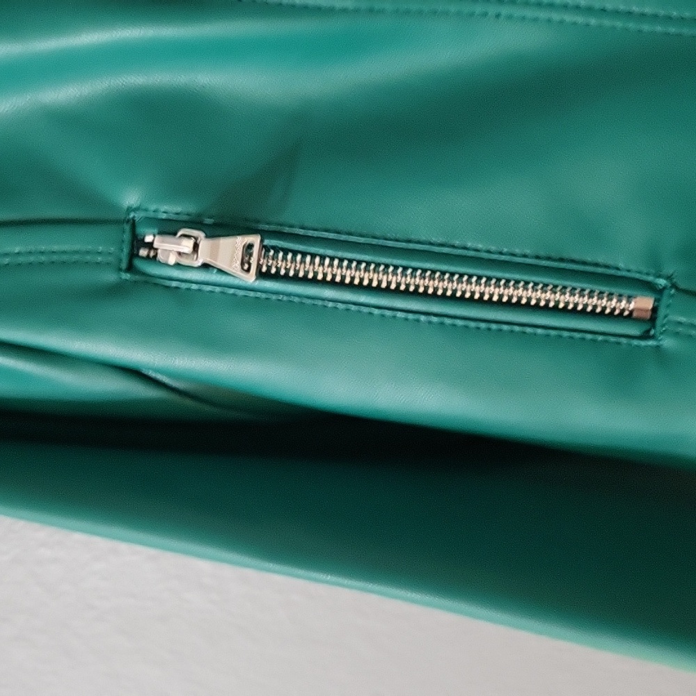 EXPRESS long sleeve zip up crop jacket PVC leather in sea green size small - Picture 3 of 4